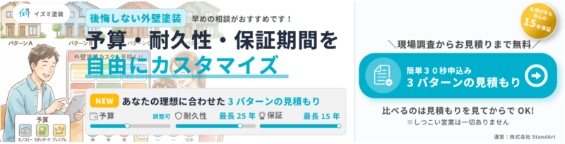 予算・耐久性・保証期間を自由にカスタマイズできる、イズミ塗装の「3パターンの無料見積もり」案内バナー