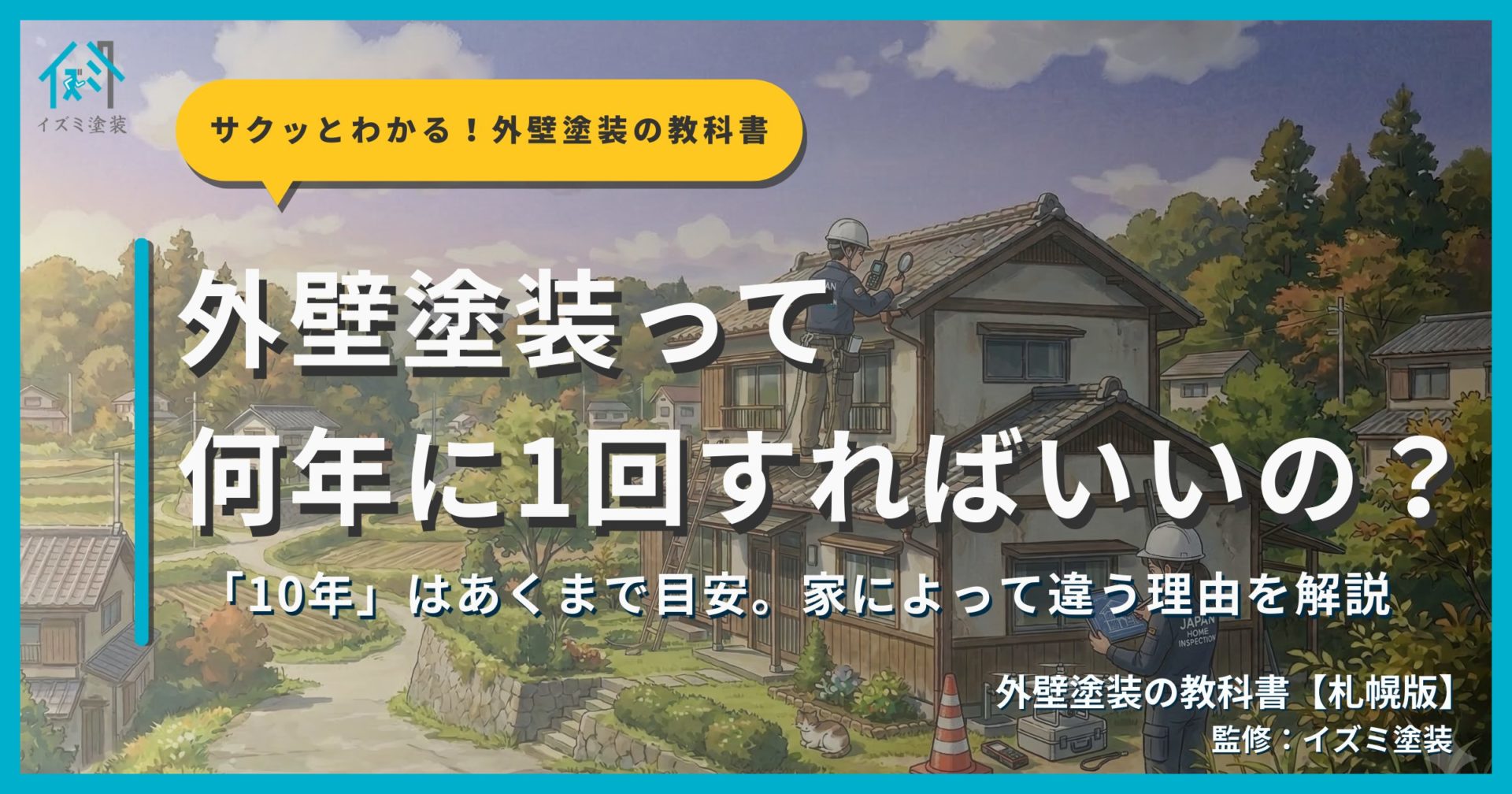 外壁塗装の塗り替えタイミングを解説するサムネイル画像。住宅の調査背景に「外壁塗装って何年に1回すればいいの？」というタイトルテキストとサクッとわかる！外壁塗装の教科書札幌版のシリーズバッジ、監修：イズミ塗装の表記が表示されている。