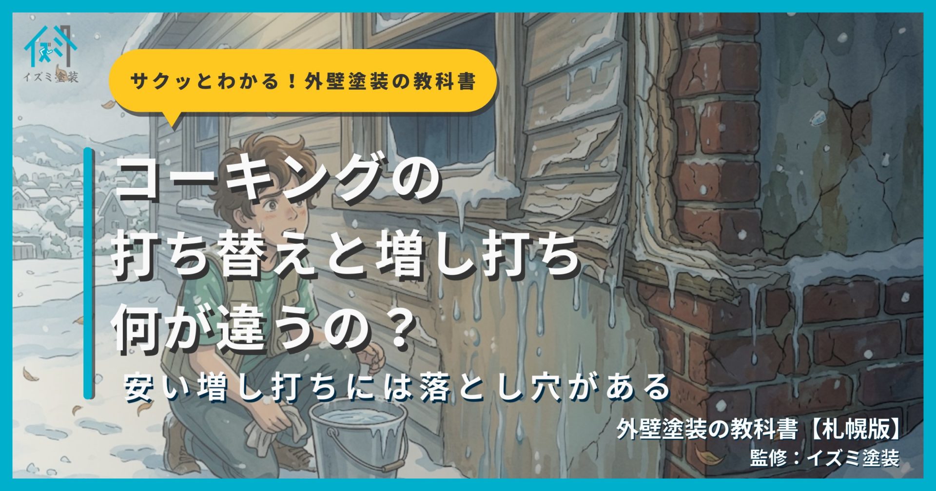 コーキングの打ち替えと増し打ちの違いを解説するサムネイル画像。すが漏り雨漏りしている住宅と困っている人を背景に「コーキングの打ち替えと増し打ち、何が違うの？」というタイトルテキストとサクッとわかる！外壁塗装の教科書札幌版のシリーズバッジ、監修：イズミ塗装の表記が表示されている。