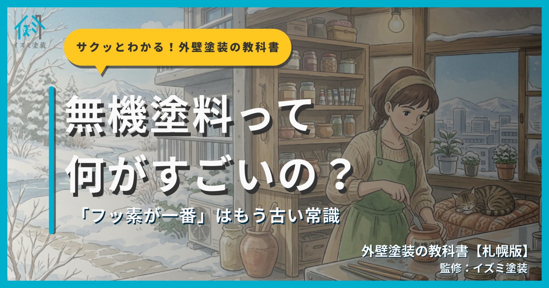 無機塗料の特徴とフッ素塗料との違いを解説するサムネイル画像。住宅外壁と無機塗料をつくっている姿を背景に「無機塗料って何がそんなにすごいの？」というタイトルと「『フッ素が一番』はもう古い常識」というサブタイトル、外壁塗装の教科書【札幌版】監修：イズミ塗装の表記が表示されている。