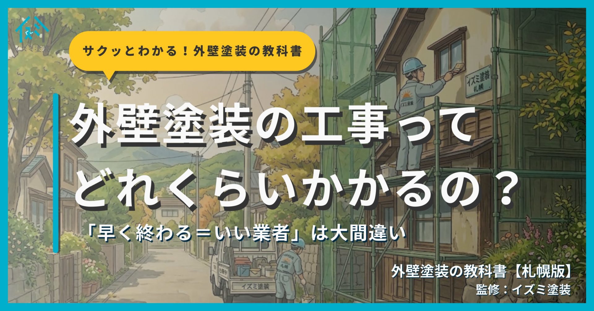外壁塗装の工事期間を解説するサムネイル画像。イズミ塗装が住宅の外壁塗装している姿を背景に「外壁塗装の工事ってどれくらいかかるの？」というタイトルテキストとサクッとわかる！外壁塗装の教科書札幌版のシリーズバッジ、監修：イズミ塗装の表記が表示されている。