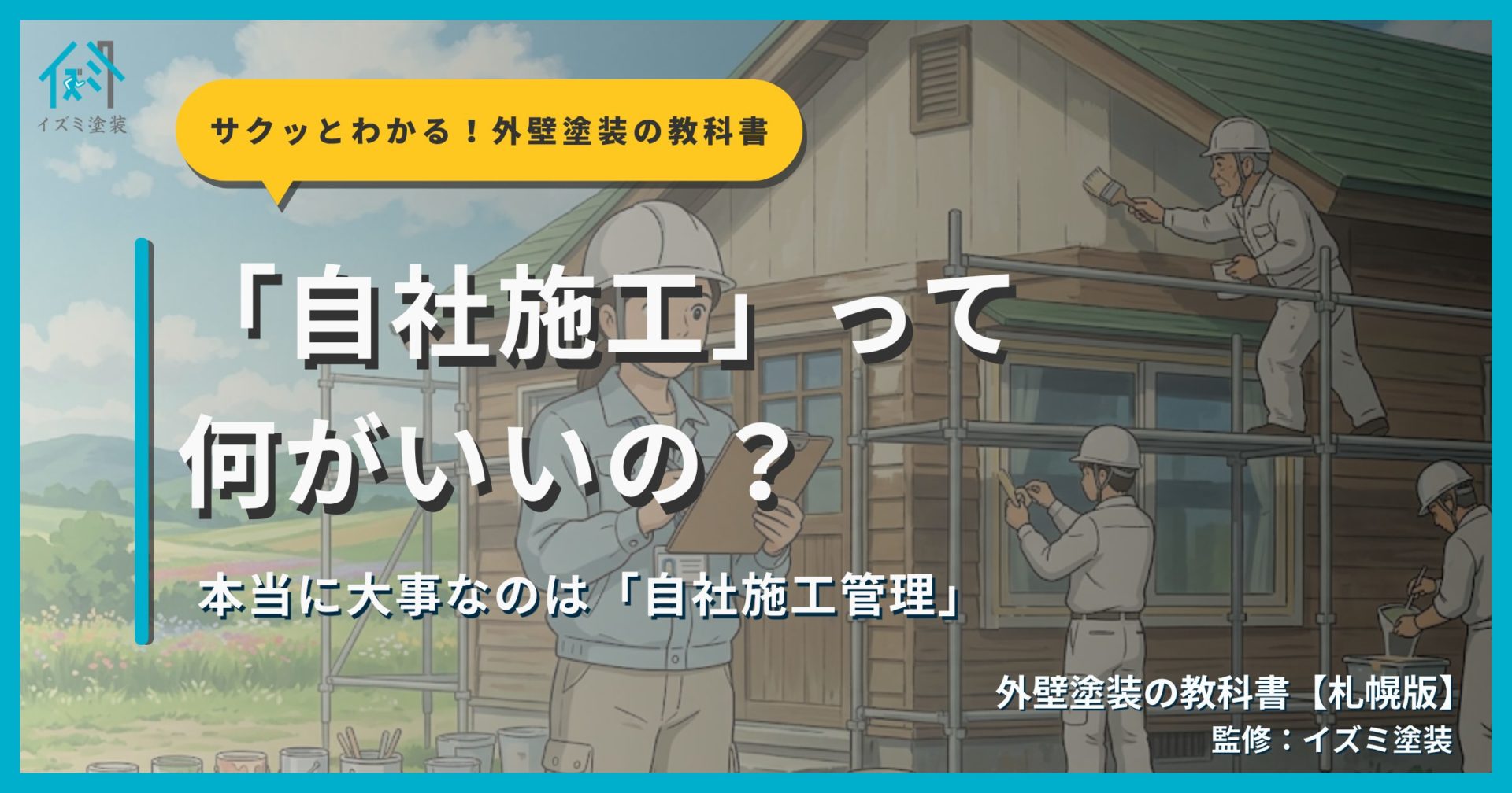 自社施工の真実を解説するサムネイル画像。外壁塗装の現場監督が工程をチェックしているシーンを背景に「「自社施工」って何がいいの？」というタイトルと「本当に大事なのは「自社施工管理」」というサブタイトル、外壁塗装の教科書【札幌版】監修：イズミ塗装の表記が表示されている。