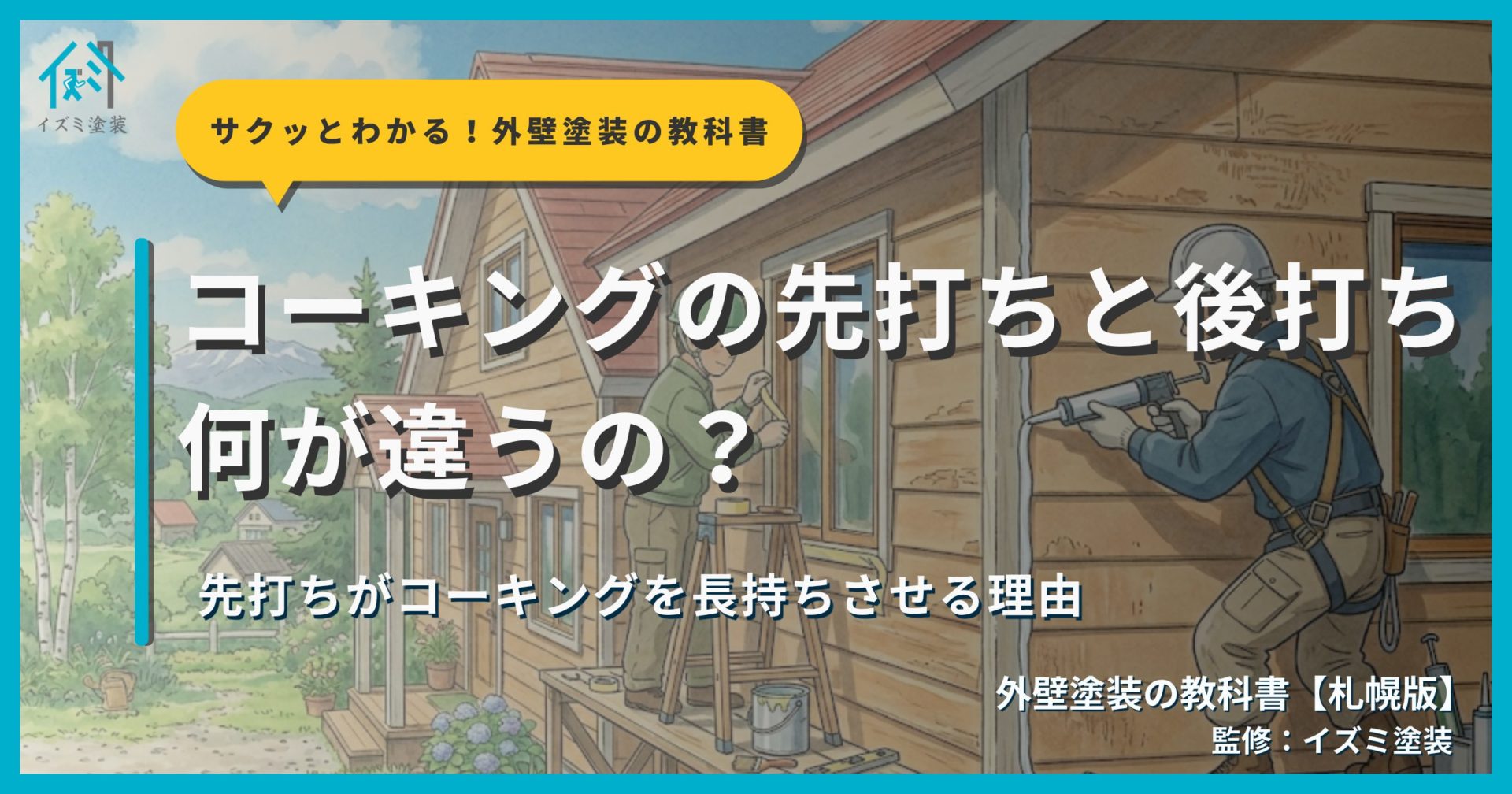 コーキングの先打ちと後打ちの違いを解説するサムネイル画像。外壁塗装の作業シーンを背景に「コーキングの先打ちと後打ち、何が違うの？」というタイトルと「先打ちがコーキングを長持ちさせる理由」というサブタイトル、外壁塗装の教科書【札幌版】監修：イズミ塗装の表記が表示されている。