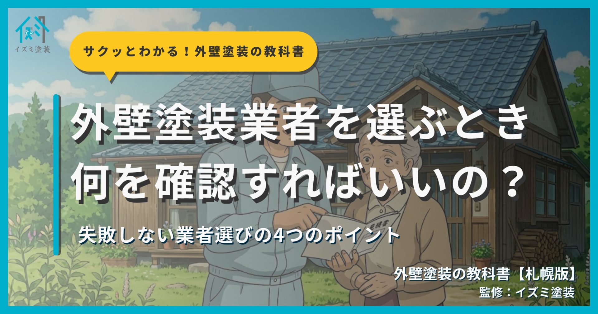 外壁塗装の業者選びを解説するサムネイル画像。業者と打ち合わせをしている住宅オーナーのシーンを背景に「外壁塗装業者を選ぶとき何を確認すればいいの？」というタイトルと「失敗しない業者選びの4つのポイント」というサブタイトル、外壁塗装の教科書【札幌版】監修：イズミ塗装の表記が表示されている。