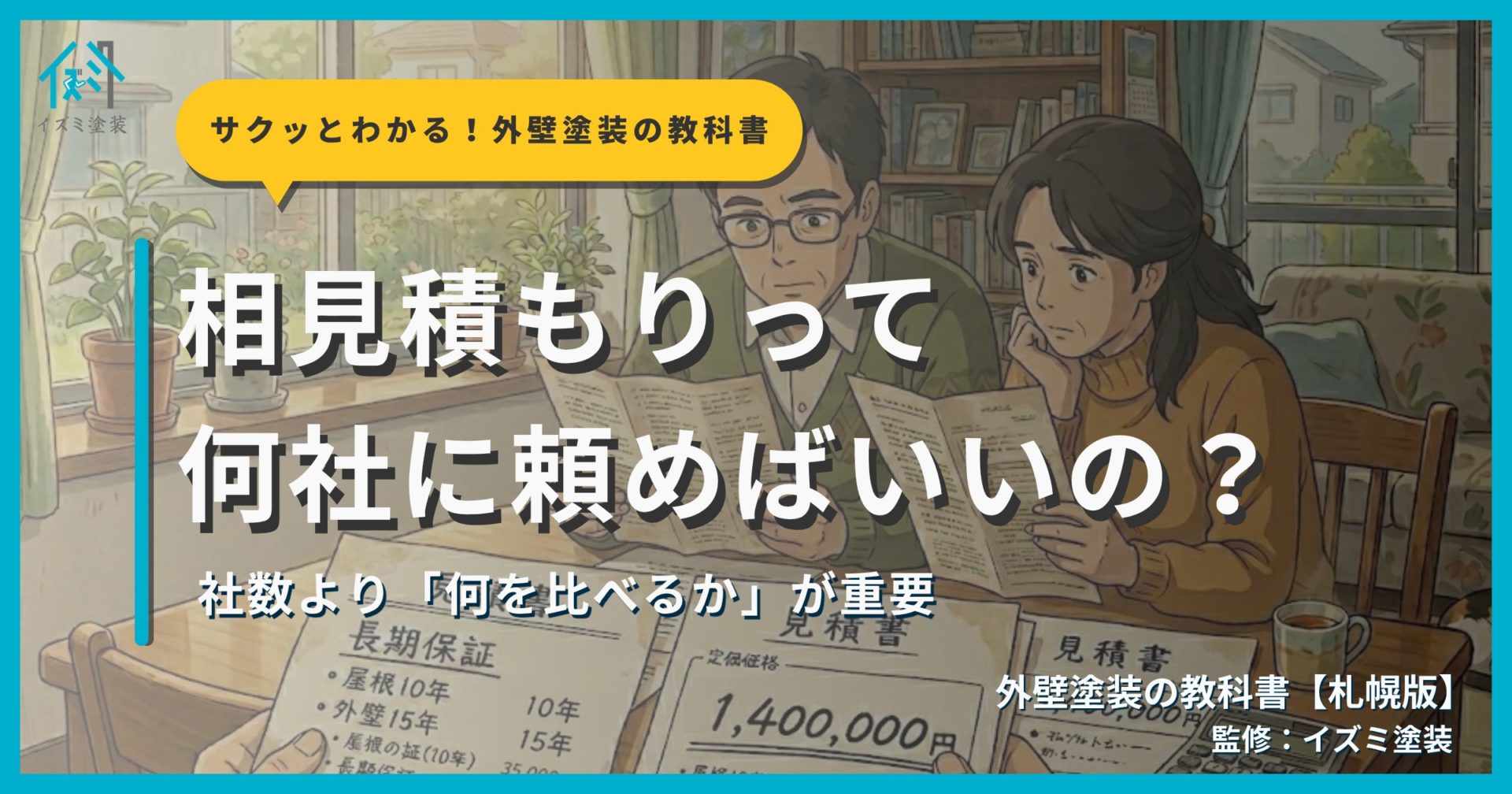 相見積もりの正しい方法を解説するサムネイル画像。複数の見積書を並べて比較している住宅オーナーのシーンを背景に「相見積もりって何社に頼めばいいの？」というタイトルと「社数より「何を比べるか」が重要」というサブタイトル、外壁塗装の教科書【札幌版】監修：イズミ塗装の表記が表示されている。