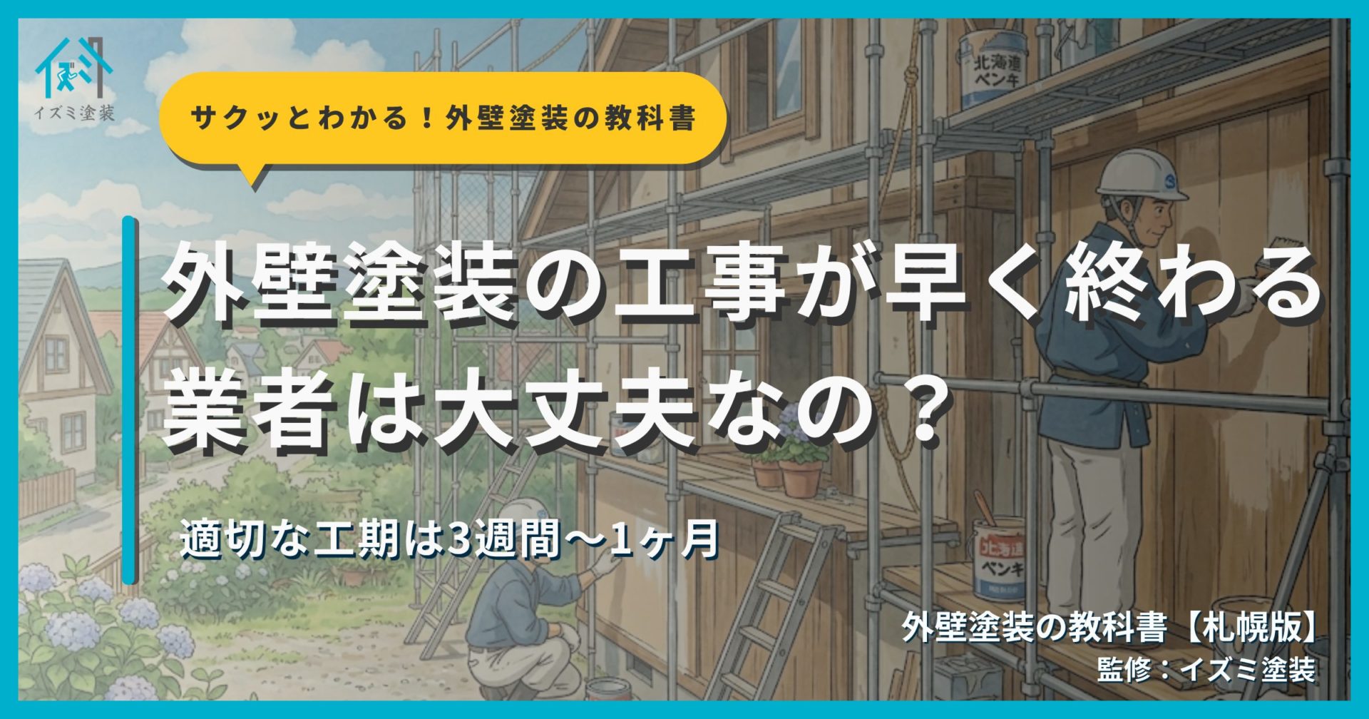 外壁塗装の工期と品質の関係を解説するサムネイル画像。足場が組まれた住宅の外壁塗装工事シーンを背景に「外壁塗装の工事が早く終わる業者は大丈夫なの？」というタイトルと「適切な工期は3週間〜1ヶ月」というサブタイトル、外壁塗装の教科書【札幌版】監修：イズミ塗装の表記が表示されている。
