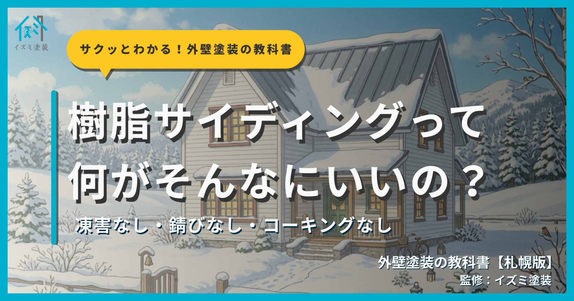 樹脂サイディングのメリットを解説するサムネイル画像。樹脂サイディングが張られた北海道の住宅外観を背景に「樹脂サイディングって何がそんなにいいの？」というタイトルと「凍害なし・錆びなし・コーキングなし」というサブタイトル、外壁塗装の教科書【札幌版】監修：イズミ塗装の表記が表示されている。